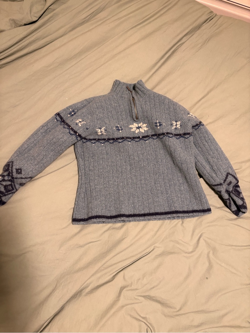 Lands' End Light Blue Ribbed Half-Zip Sweater with Navy Snowflake Trim